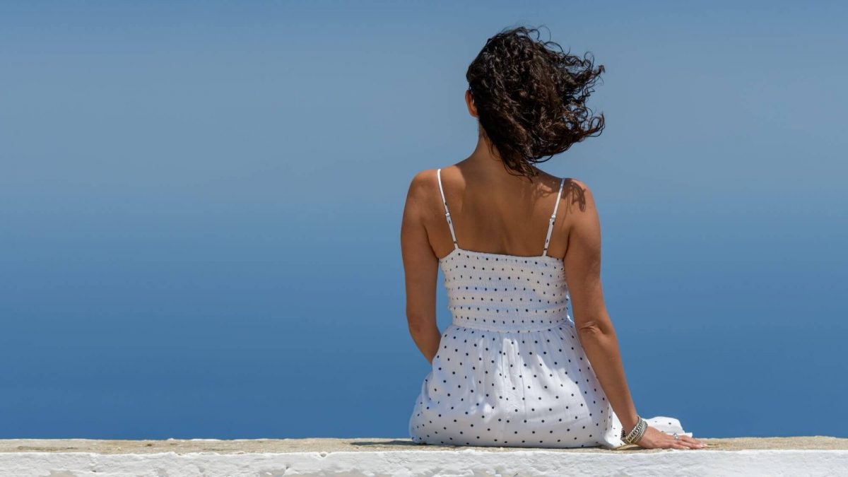 Young Woman, sexy Woman, Blue Sky, Greece, White Dress,, Körper